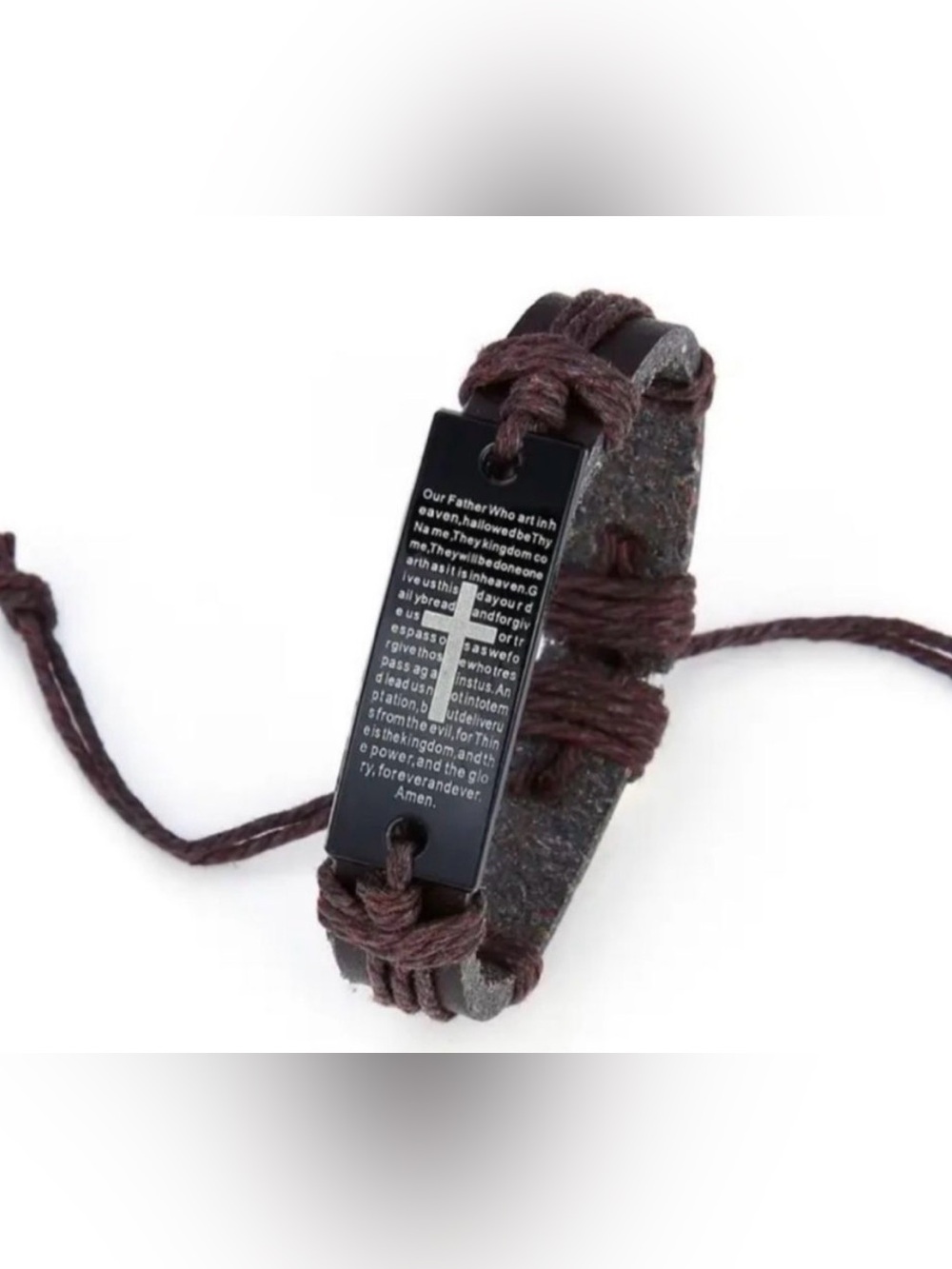 Men's Black Prayer Plate Leather Adjustable Bracelet
